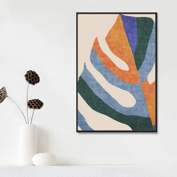 IDEA4WALL Framed Canvas Prints Wall Art Orange, Blue & Green Abstract Monstera Leaf for Living Room, Bedroom, Office Ready to Hang - 24x36 inches
