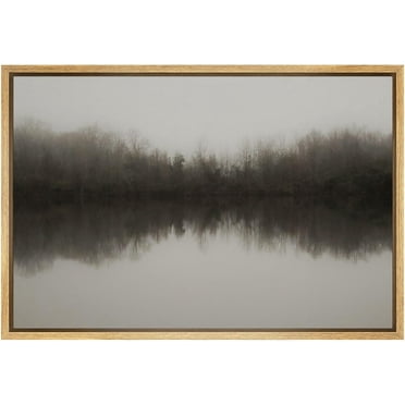 IDEA4WALL Framed Canvas Wall Art Abstract Print in Gray Serene Lake Reflection Calm Misty Forest Scene Illustrations Modern Art Decorative for Living Room, Bedroom, Office - 16"x24" Natural
