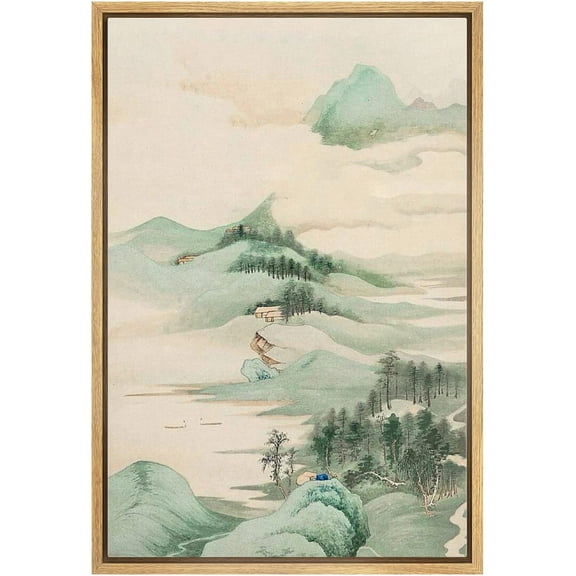 IDEA4WALL Framed Canvas Wall Art Aerial View Pastel Mountain Forest Illustrations Retro Art Pastel Nature Wilderness Vintage Print Relax/Calm for Living Room, Bedroom, Office - Natural 24"x36"