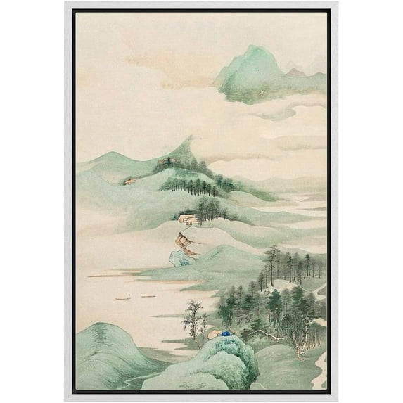 IDEA4WALL Framed Canvas Wall Art Aerial View Pastel Mountain Forest Illustrations Retro Art Pastel Nature Wilderness Vintage Print Relax/Calm for Living Room, Bedroom, Office - White 16"x24"