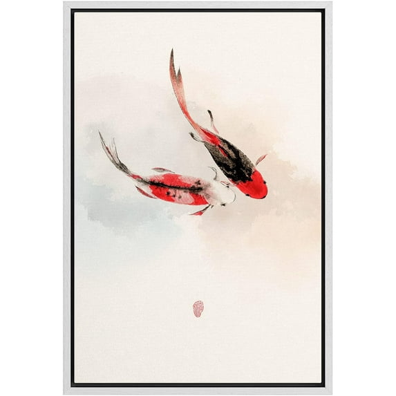 IDEA4WALL Framed Canvas Wall Art Asian Style Koi Fishes in Water Vintage Art Colorful Animals Wall Decor Boho Pastel Nature Wildlife Print for Living Room, Bedroom, Office - White 24"x36"