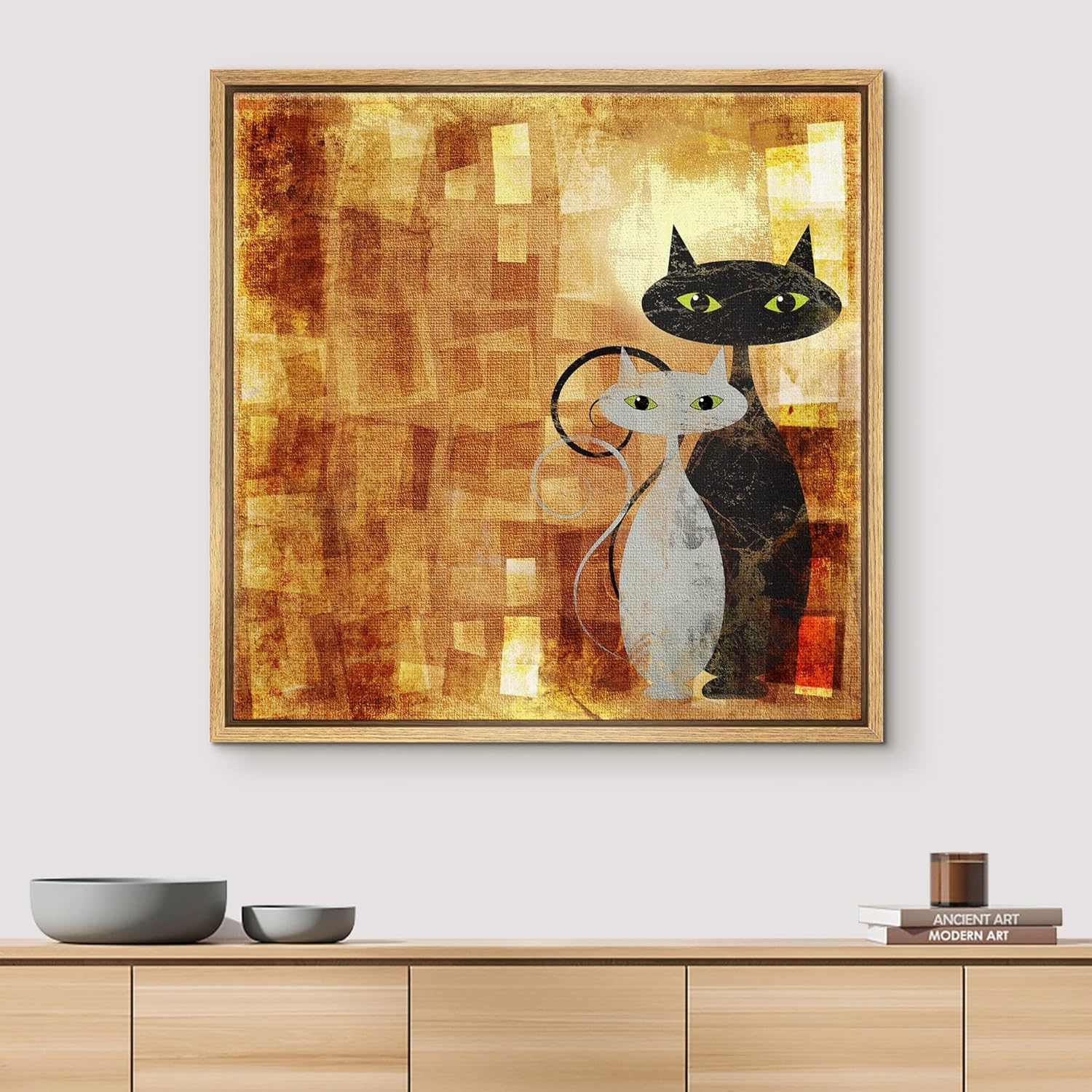 IDEA4WALL Framed Canvas Wall Art Black and White Cat on Orange Grunge ...