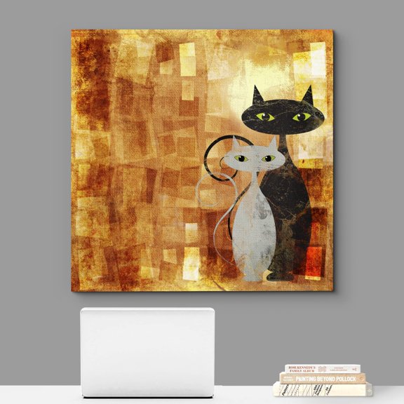IDEA4WALL Framed Canvas Wall Art Black and White Cat on Orange Grunge Canvas Print Funny Animal Modern Wall Art Kid Room Decor Relax for Living Room, Bedroom, Office -
