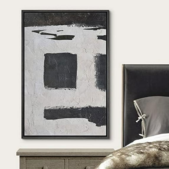IDEA4WALL Framed Canvas Wall Art Black and White Cracked Paint Stroke Grid Abstract Shapes Modern Artwork Boho Relax Contemporary Print for Living Room, Bedroom, Office - 24"x36" Black
