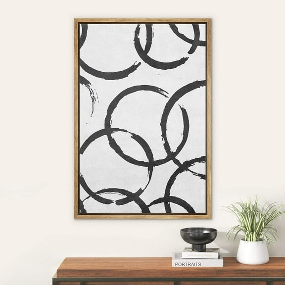 IDEA4WALL Framed Canvas Wall Art Brushstroke Rings Abstract Circle Patterns Modern Art Minimalist Relax/Calm Grey Black and White Print for Living Room, Bedroom, Office - 24"x36" Natural