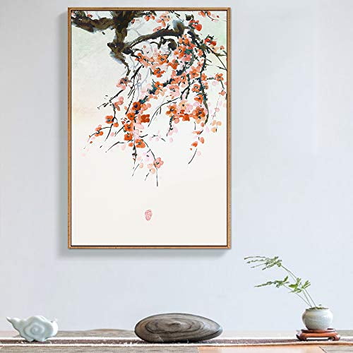 IDEA4WALL Framed Canvas Wall Art Cherry Blossoms on Tree Branch Vintage Art Spring Floral Wall Decor Boho Pastel Botanical Flower Print for Living Room, Bedroom, Office - Natural 24"x36"