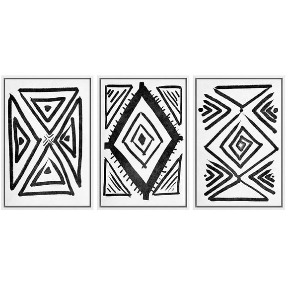 IDEA4WALL Framed Canvas Wall Art Diamond, Triangles and Hexagon Shapes Decorative Brushstroke Drawings Minimalism Global Urban Black and White for Living Room, Bedroom, Office
