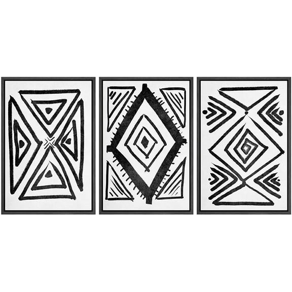 IDEA4WALL Framed Canvas Wall Art Diamond, Triangles and Hexagon Shapes Decorative Brushstroke Drawings Minimalism Global Urban Black and White for Living Room, Bedroom, Office