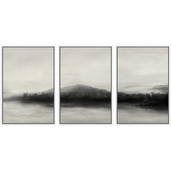 IDEA4WALL Framed Canvas Wall Art Foggy Forest with Lake Landscape Wilderness Photography Abstract Modern Aerial Relax/Calm Black and White for Living Room, Bedroom, Office