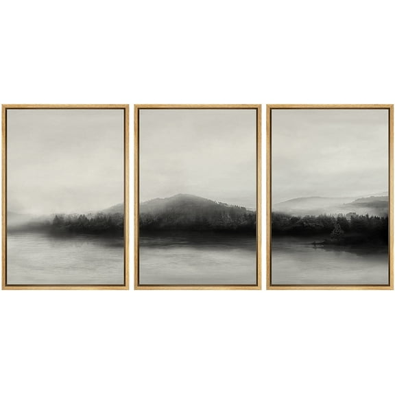 IDEA4WALL Framed Canvas Wall Art Foggy Forest with Lake Landscape Wilderness Photography Abstract Modern Aerial Relax/Calm Black and White for Living Room, Bedroom, Office