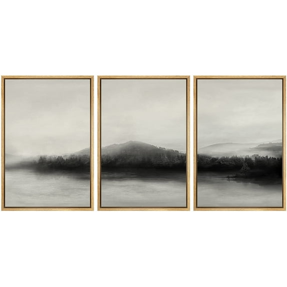 IDEA4WALL Framed Canvas Wall Art Foggy Forest with Lake Landscape Wilderness Photography Abstract Modern Aerial Relax/Calm Black and White for Living Room, Bedroom, Office
