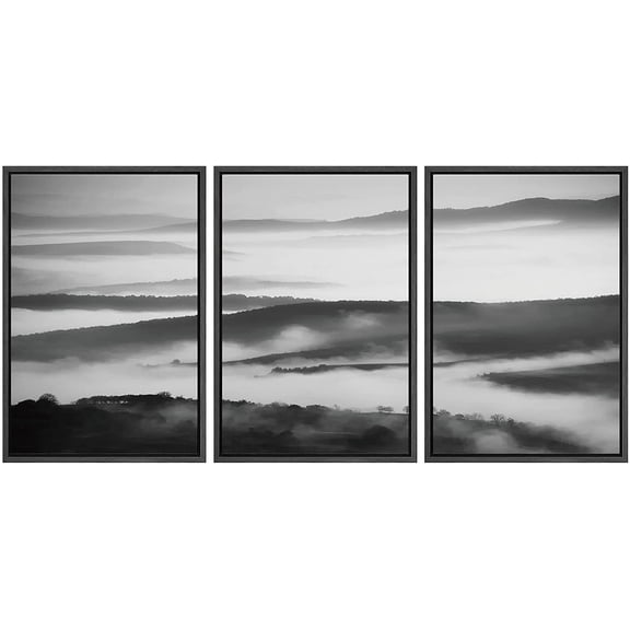 IDEA4WALL Framed Canvas Wall Art Foggy Mountain and Valley Landscape Wilderness Photography Abstract Modern Aerial Relax/Calm Black and White for Living Room, Bedroom, Office