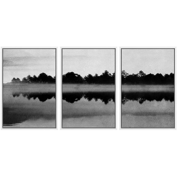 IDEA4WALL Framed Canvas Wall Art Forest with Lake Reflection Landscape Wilderness Watercolor Minimalism Modern Relax/Calm Black and White for Living Room, Bedroom, Office