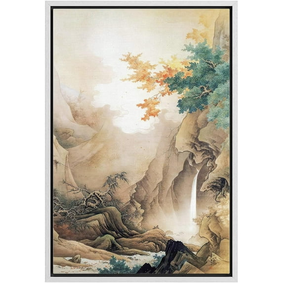 IDEA4WALL Framed Canvas Wall Art Forest Waterfall Antique Landscape Illustrations Retro Art Pastel Nature Wilderness Vintage Print Relax/Calm for Living Room, Bedroom, Office - White 16"x24"