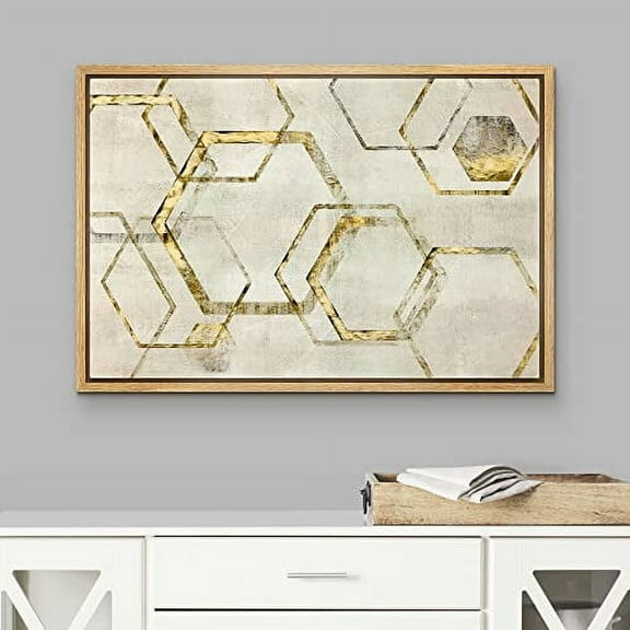 IDEA4WALL Framed Canvas Wall Art Grunge Gold and Black Hexagon Collage Abstract Modern Art Mid-Century Geometric Shapes Artwork Print for Living Room, Bedroom, Office - 24"x36" Natural