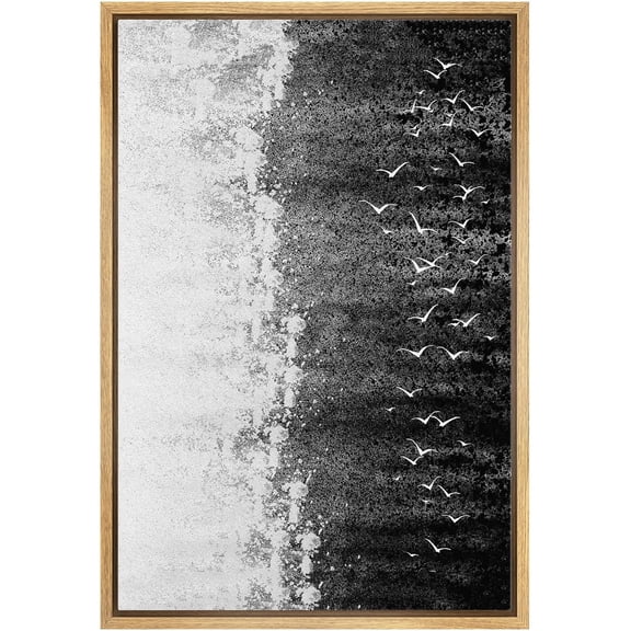 IDEA4WALL Framed Canvas Wall Art Minimal Grunge Black White Bird Sky Landscape Vintage Art Nordic Duotone Abstract Print Contemporary for Living Room, Bedroom, Office - Natural 24"x36"
