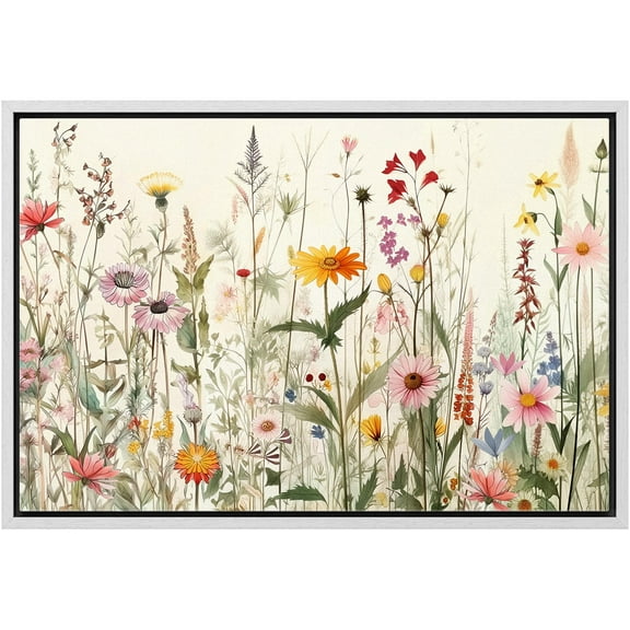 IDEA4WALL Framed Canvas Wall Art Minimal Pastel Colorful Floral Wildflowers Illustrations Retro Art Botanical Plants Print Rustic Relax/Calm for Living Room, Bedroom, Office - 24"x36" White