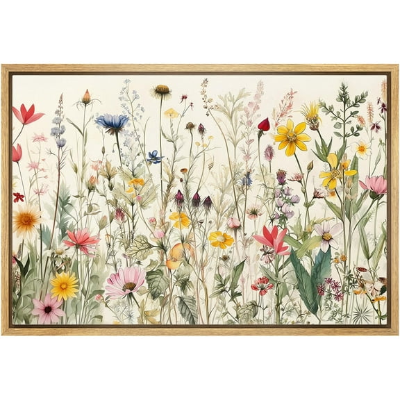 IDEA4WALL Framed Canvas Wall Art Minimal Wildflowers Floral Garden Illustrations Retro Countryside Art Botanical Colorful Print Relax/Calm for Living Room, Bedroom, Office - 24"x36" Natural