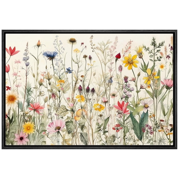 IDEA4WALL Framed Canvas Wall Art Minimal Wildflowers Floral Garden Illustrations Retro Countryside Art Botanical Colorful Print Relax/Calm for Living Room, Bedroom, Office - 16"x24" Black