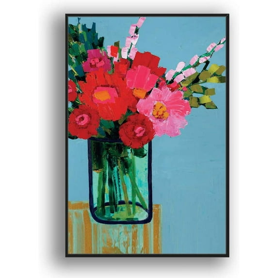 IDEA4WALL Framed Canvas Wall Art Minimalist Abstract Bright Red Flowers in the Bottle Painting Prints for Modern Home Decoration Ready to Hang - 24x36 inches