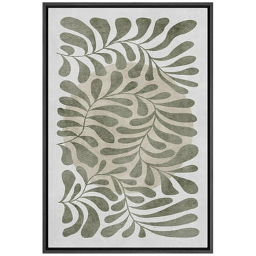 IDEA4WALL Framed Canvas Wall Art Minimalist Abstract Leaf Pattern Green and Beige Tones Illustrations Floral Botanical Art Contemporary for Living Room, Bedroom, Office - 24"x36" Black