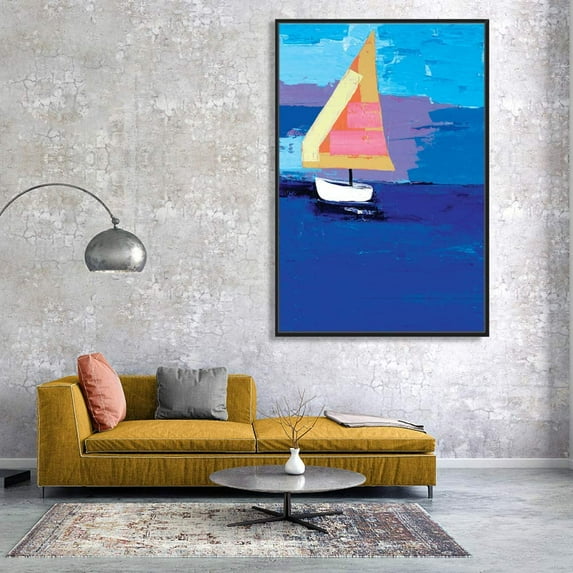 IDEA4WALL Framed Canvas Wall Art Minimalist Abstract Sailboat on the Sea Painting Prints for Modern Home Decoration Ready to Hang - 16x24 inches