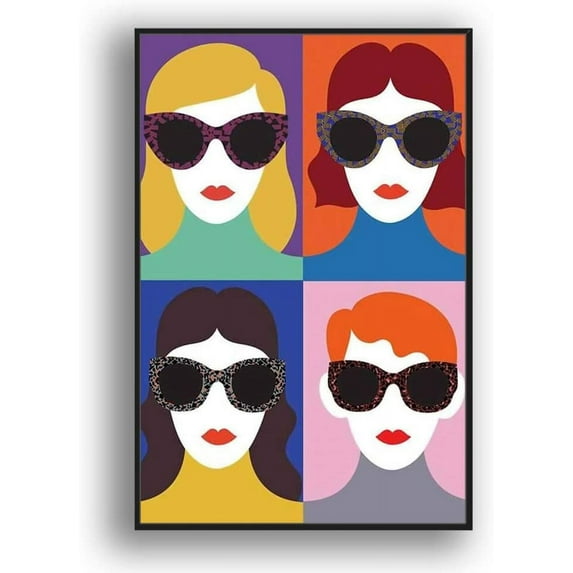 IDEA4WALL Framed Canvas Wall Art Minimalist Women Wearing Sunglass Painting Prints for Modern Home Decoration Ready to Hang - 24x36 inches
