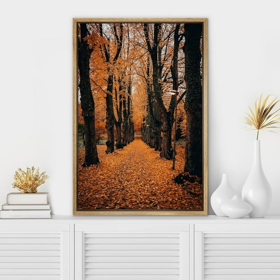 IDEA4WALL Framed Canvas Wall Art Orange Autumn Garden Path Fall Nature Forest Wilderness Mixed Media Art Realism Rustic Scenic Dramatic Cool Print for Living Room, Bedroom - 24"x36" Natural