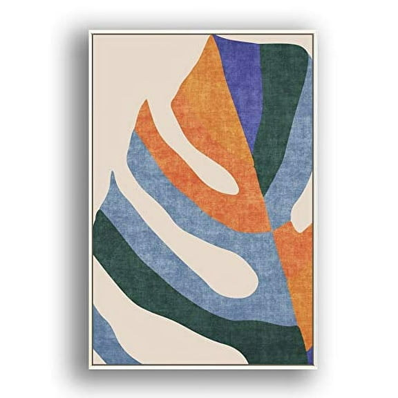 IDEA4WALL Framed Canvas Wall Art Orange, Blue & Green Abstract Monstera Leaf Geometric Abstract Digital Art Nordic Boho Print Minimal Wall Decor for Living Room, Bedroom, Office - White 16"x24"