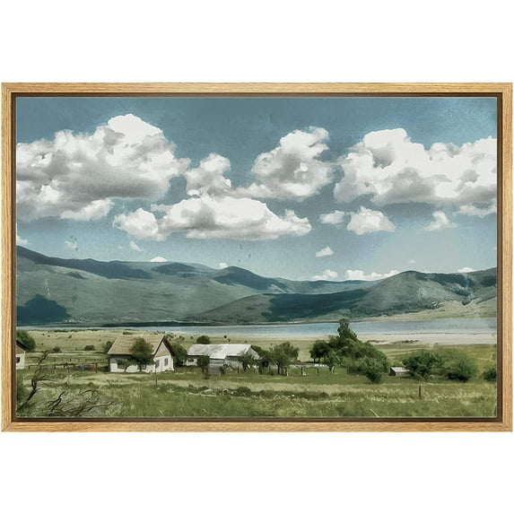 IDEA4WALL Framed Canvas Wall Art Pastel Valley Vintage Farm Cottage Retro Art Colorful Landscape Vintage Print Farmhouse/Country Relax/Calm for Living Room, Bedroom, Office - 24"x36" Natural