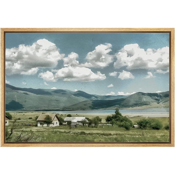 IDEA4WALL Framed Canvas Wall Art Pastel Valley Vintage Farm Cottage Retro Art Colorful Landscape Vintage Print Farmhouse/Country Relax/Calm for Living Room, Bedroom, Office - 24"x36" Natural