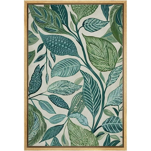 IDEA4WALL Framed Canvas Wall Art RLush Green Botanical Leaves Intricate Leaf Patterns Illustrations Realism Pastel Print Closeup Bohemian Chic for Living Room, Bedroom, Office - 24"x36" Natural