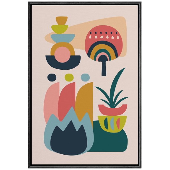 IDEA4WALL Framed Canvas Wall Art Rainbow Abstract Geometric Rain & Grasses Digital Art Nordic Boho Floral Modern Print Colorful Wall Decor for Nursery Room, Kindergarten - Black 16"x24"