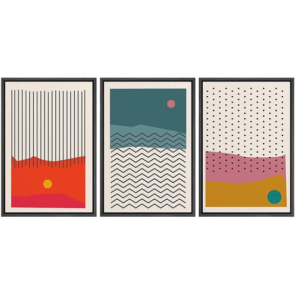 IDEA4WALL Framed Canvas Wall Art Red, Green Color Blocks with Black Lines and Dots Decorative Patterns Illustrations Minimalism Modern Relax/Calm for Living Room, Bedroom, Office