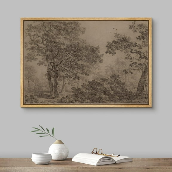 IDEA4WALL Framed Canvas Wall Art Retro Majestic Oak Tree Drawing Detailed Illustrations Black & White Nature Forest Elegant Vintage Print Wall Decor for Living Room, Office -