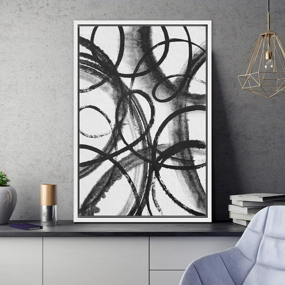 IDEA4WALL Framed Canvas Wall Art Swirling Lines & Circles Abstract Patterns Modern Art Minimalist Relax/Calm Grey Black and White Print for Living Room, Bedroom, Office - 24"x36" White