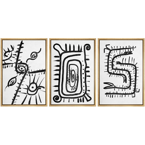IDEA4WALL Framed Canvas Wall Art Tribal Snakes, Eyes Symbols Decorative Brushstroke Drawings Minimalism Global Urban Black and White for Living Room, Bedroom, Office