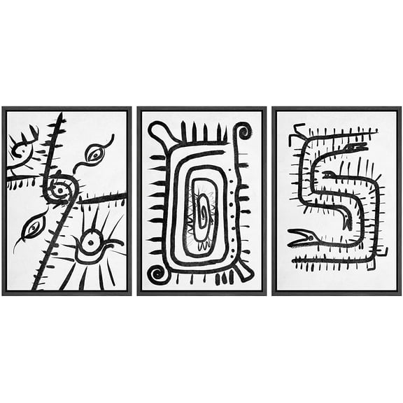 IDEA4WALL Framed Canvas Wall Art Tribal Snakes, Eyes Symbols Decorative Brushstroke Drawings Minimalism Global Urban Black and White for Living Room, Bedroom, Office