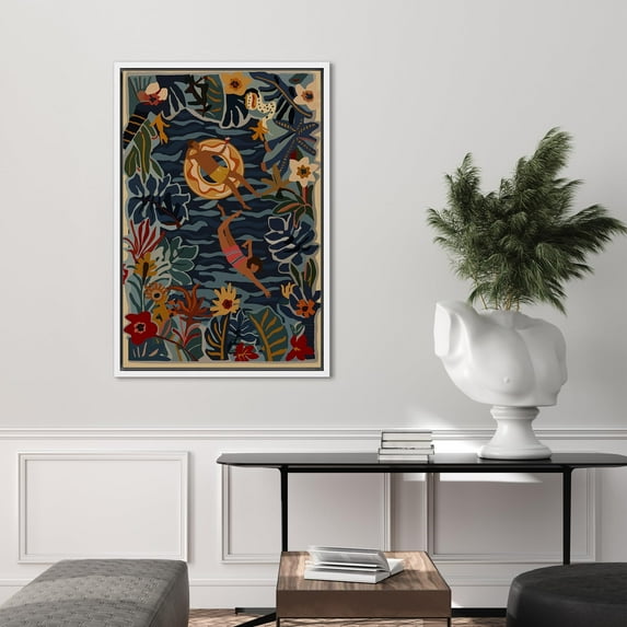 IDEA4WALL Framed Canvas Wall Art Vibrant Summer Swimming Pool Scene Illustrations Colorful Floral and Poolside Modern Art Decorative Relax/Zen for Living Room, Bedroom, Office -