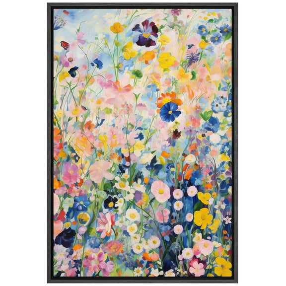 IDEA4WALL Framed Canvas Wall Art Vibrant Wildflower Meadow Illustrations Modern Art Colorful Ultra Minimal Floral Print Wall Decor Relax/Clam for Living Room, Bedroom, Office - 24"x36" Black