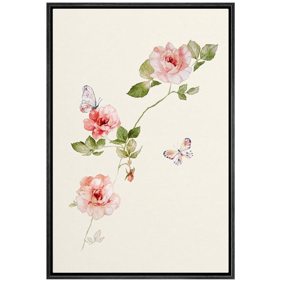 IDEA4WALL Framed Canvas Wall Art Watercolor Roses & Monarch Butterflies Fine Art Spring Floral Wall Decor Boho Pastel Botanical Print Relax/Calm for Living Room, Bedroom, Office - Black 24"x36"