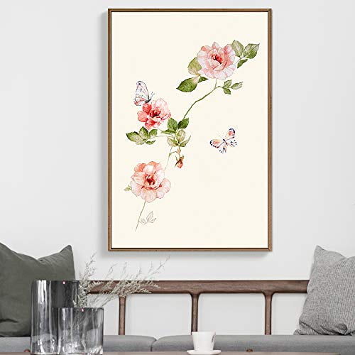 IDEA4WALL Framed Canvas Wall Art Watercolor Roses & Monarch Butterflies Fine Art Spring Floral Wall Decor Boho Pastel Botanical Print Relax/Calm for Living Room, Bedroom, Office - Natural 24"x36"