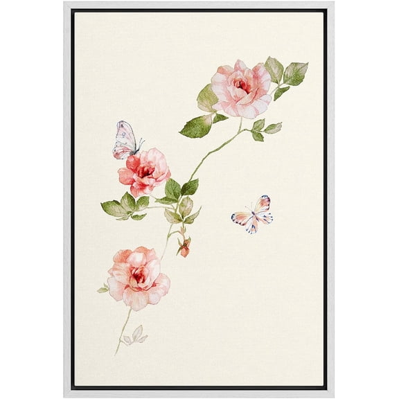 IDEA4WALL Framed Canvas Wall Art Watercolor Roses & Monarch Butterflies Fine Art Spring Floral Wall Decor Boho Pastel Botanical Print Relax/Calm for Living Room, Bedroom, Office - White 16"x24"
