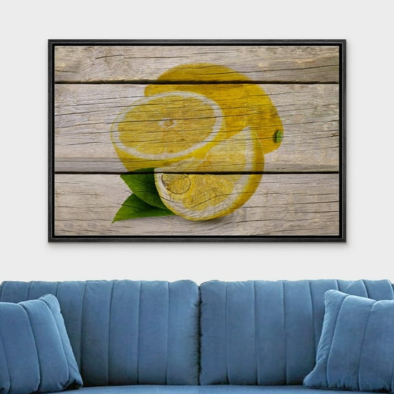 IDEA4WALL Framed Canvas Wall Art Yellow Meyer Lemon On Wood Panels Food Culinary Digital Art Modern Print Rustic Scenic Multicolor for Living Room, Bedroom, Office - 16"x24" Black