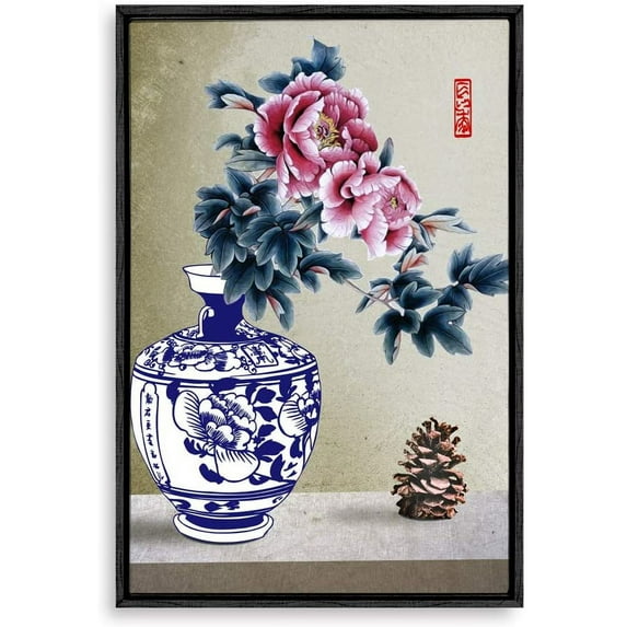 IDEA4WALL Framed Canvas Wall Art for Living Room, Bedroom Blue and White Porcelain Canvas Prints for Modern Home Decoration Ready to Hang