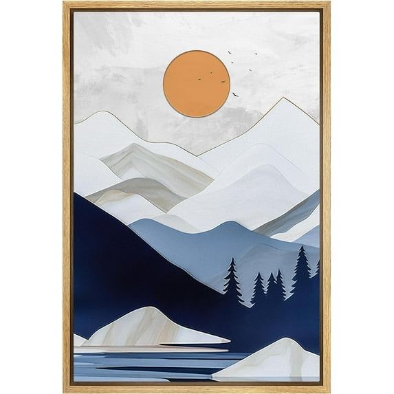 IDEA4WALL Framed Print Canvas Wall Art Navy Blue Winter Mountain Range Landscape Print Nature Wilderness Illustrations Decorative Bohemian Multicolor Modern for Bedroom - 16"x24" Natural