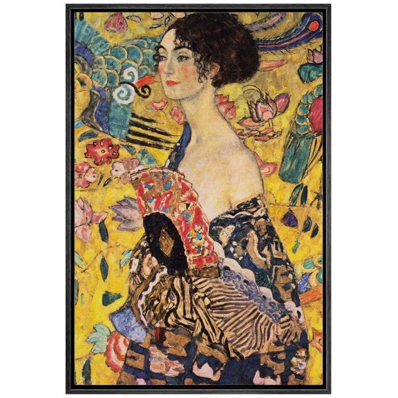 IDEA4WALL Framed Wall Art Gustav Klimt's Lady with Fan Decorative Historic Oil Painting Baroque Traditional Scenic Famous Canvas Print for Living Room, Bedroom, Office - Black 24"x36"