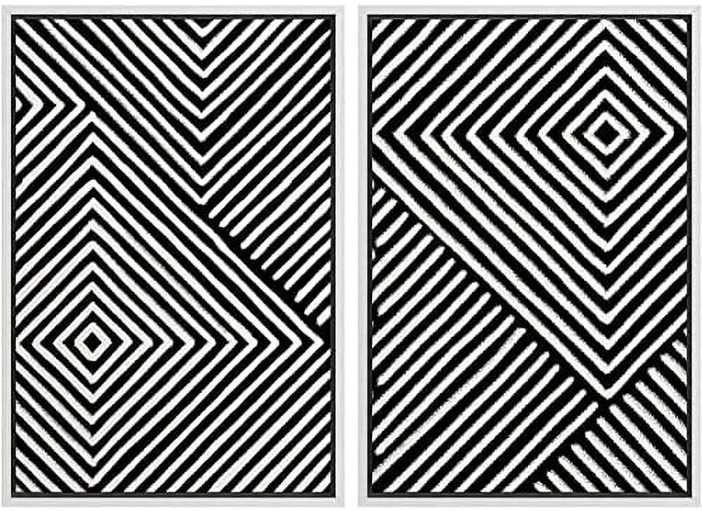 Black and White Geometric Abstract Canvas Print Set with White Frame