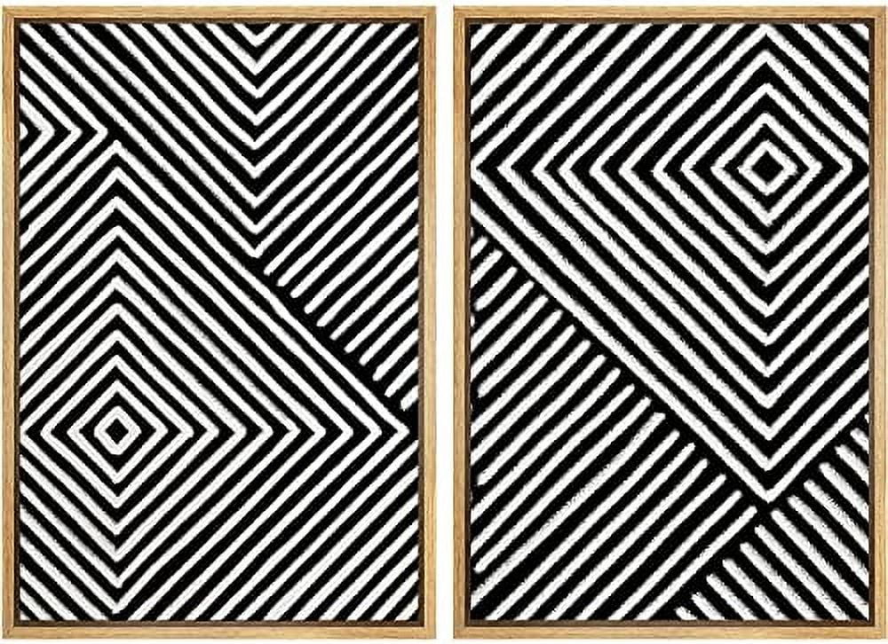 Black and White Geometric Abstract Canvas Art Set with Natural Frame