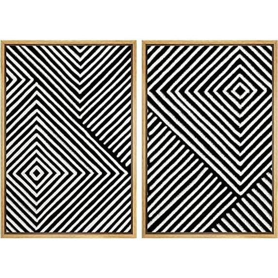 IDEA4WALL Framed Wall Art Print Set 3D Illusion Effect Black and White Diamond Collage Abstract Shapes Modern Contemporary for Living Room, Bedroom, Office - 16"x24"x2 Natural